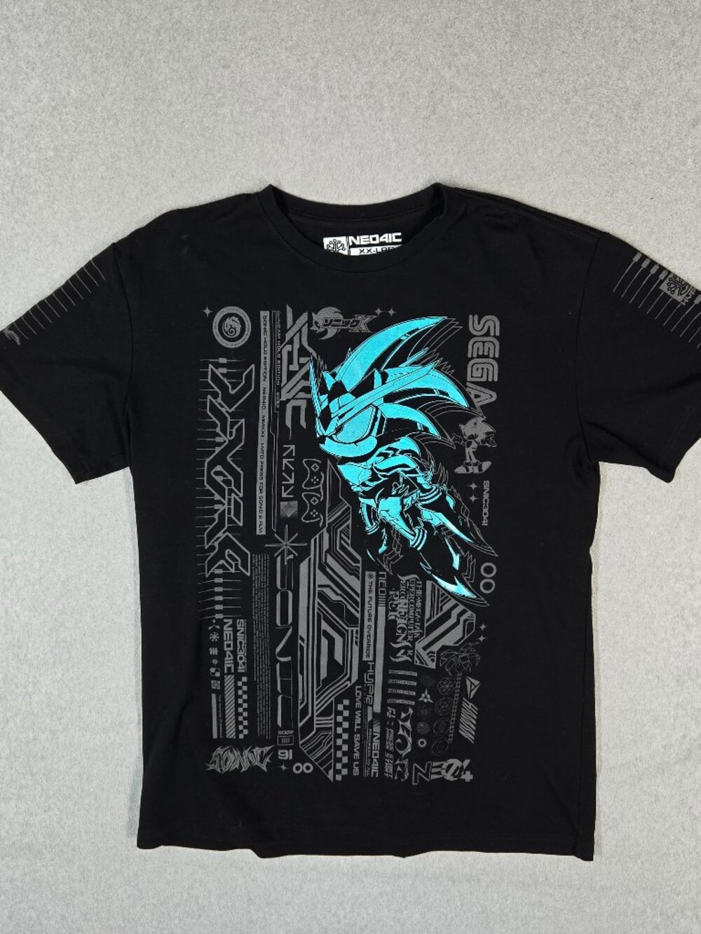NEO4IC Men Shirt XXL Black Graphic Sega Sonic Tee Logo Short Sleeve Pullover